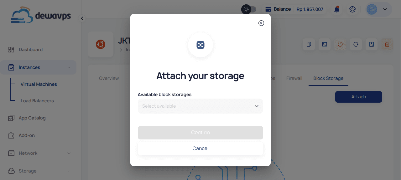 Dialog Pasang Block Storage